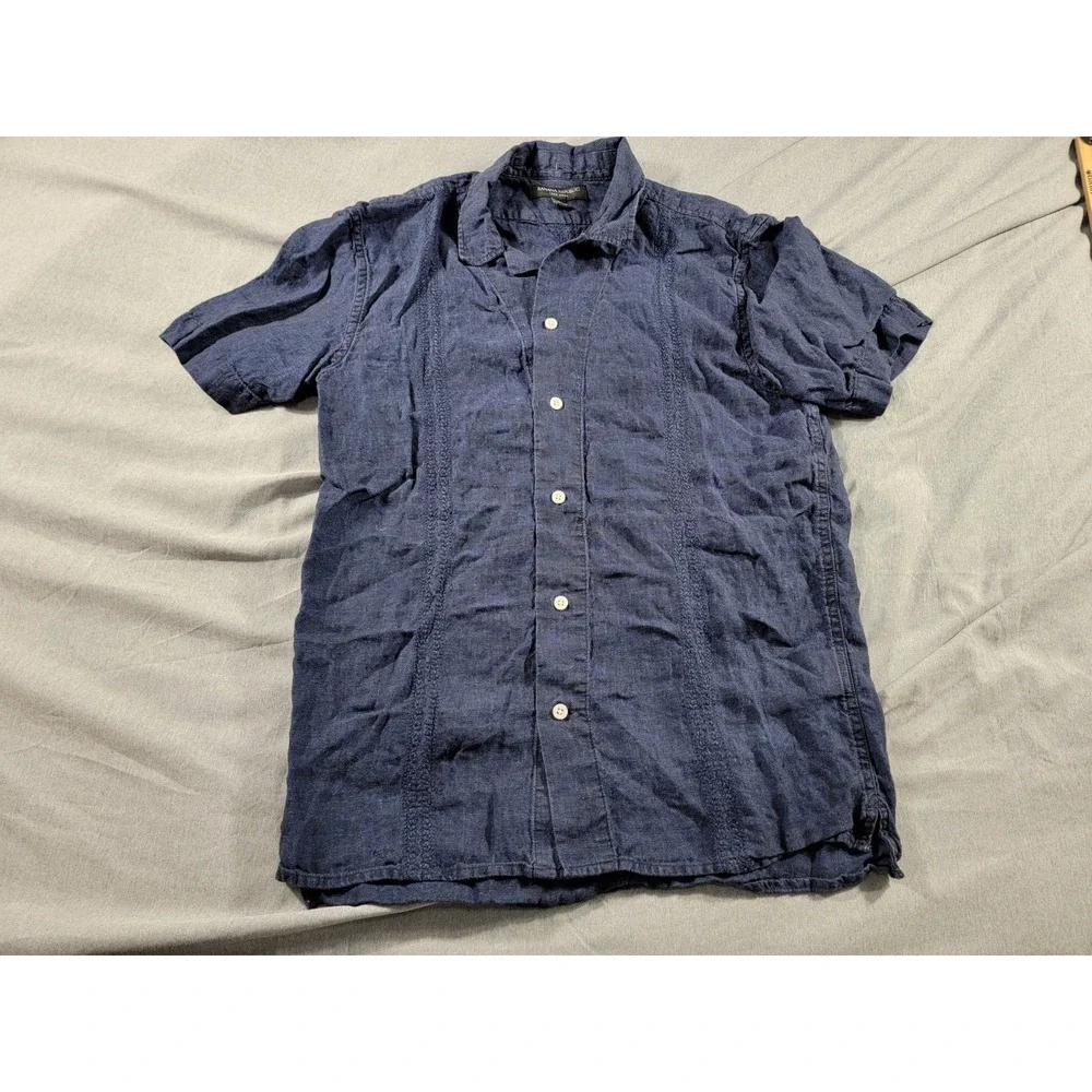 Banana Republic 100% Linen Guayabera Shirt Mens XS Indigo Blue‎ Button Up S/S
